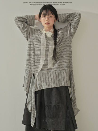 "Vintage Rhythm" Asymmetrical Knit Stripe Long Sleeve T-Shirt (Black / Gray)