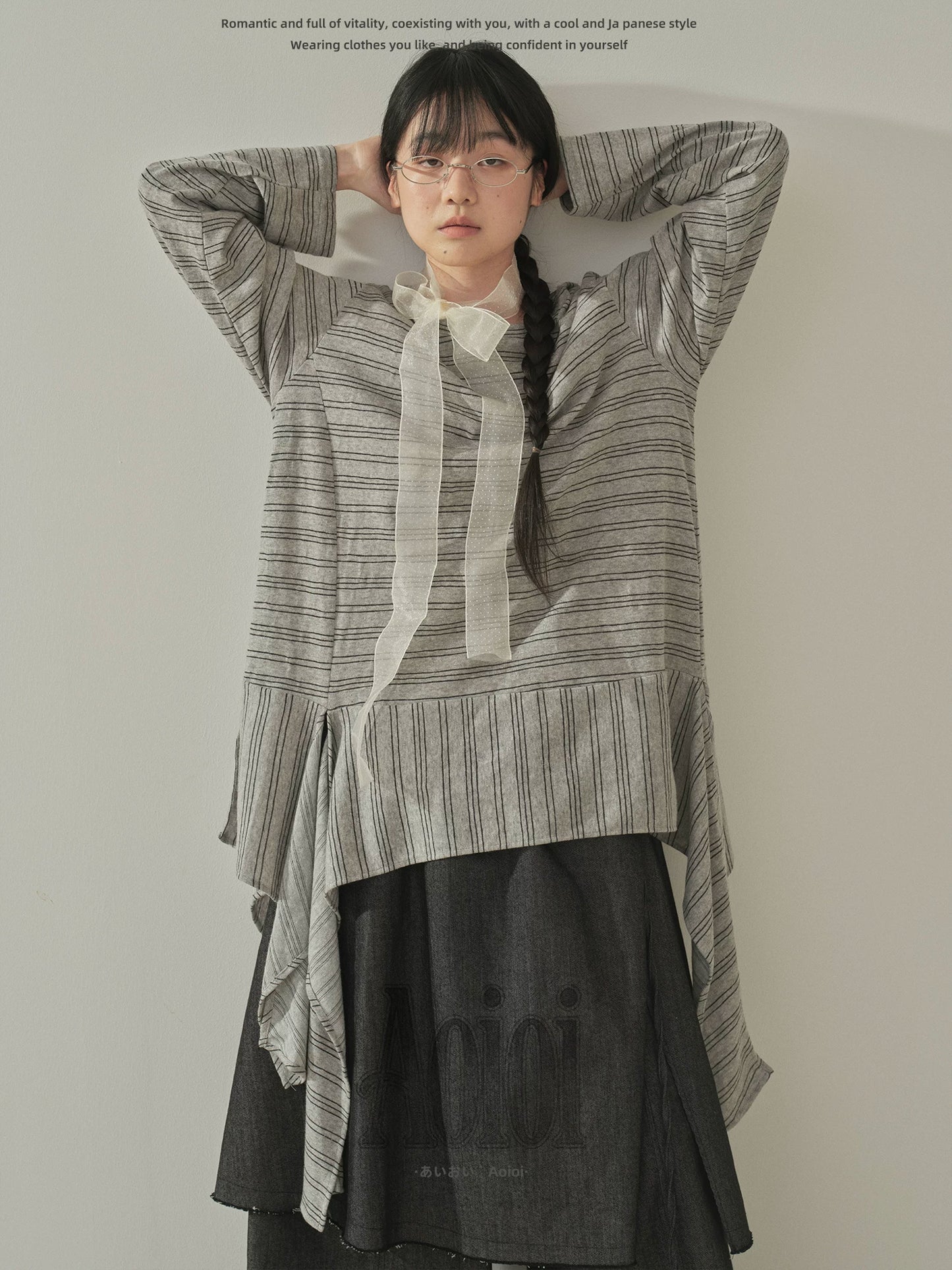 "Vintage Rhythm" Asymmetrical Knit Stripe Long Sleeve T-Shirt (Black / Gray)