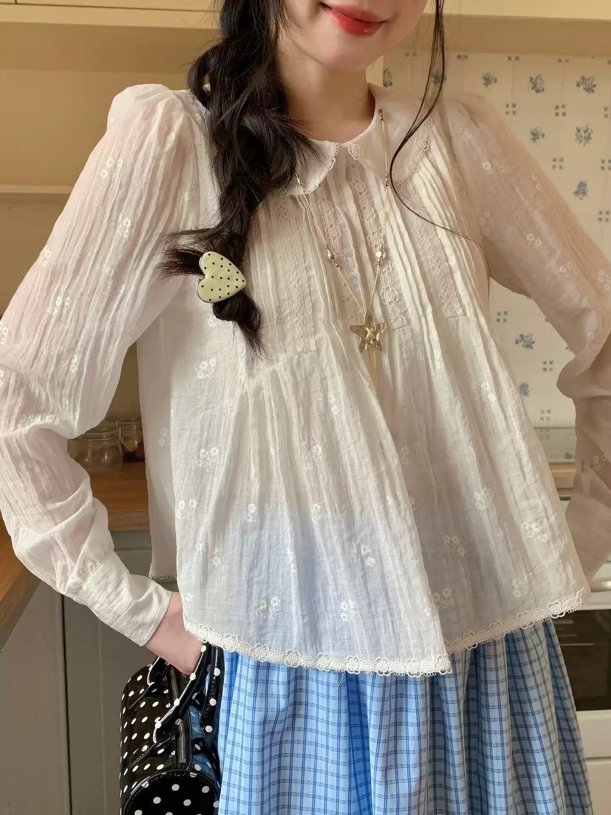 [RF] “Pure Lace” White Floral Jacquard Peter Pan Collar Puff-Sleeve Blouse