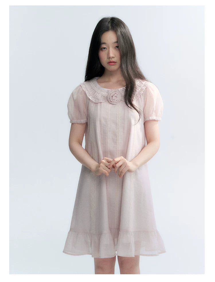 "Misty Wild Rose" Detachable Rose Lace Trim Puff Sleeve Midi Dress