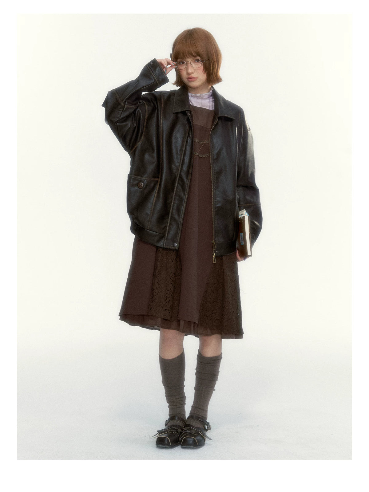 "Caramel Afterglow" Cocoa Brown Lace-Trim A-Line Dress Set with Purple Plaid Layering Top