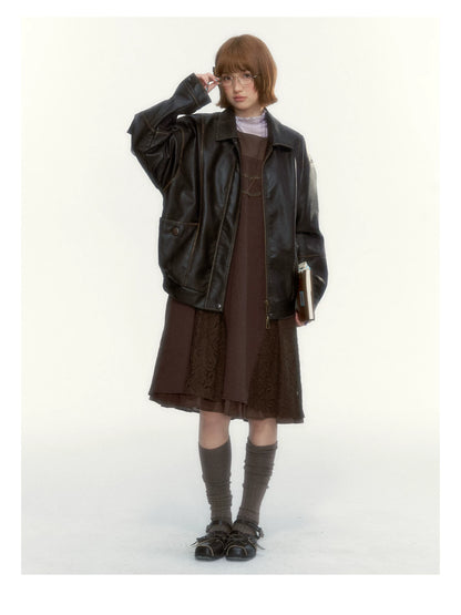 "Caramel Afterglow" Cocoa Brown Lace-Trim A-Line Dress Set with Purple Plaid Layering Top
