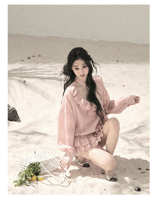 “Evening Breeze Skirt” Lotus Pink Tiered Chiffon Mini Dress with Scarf Tie & Shorts