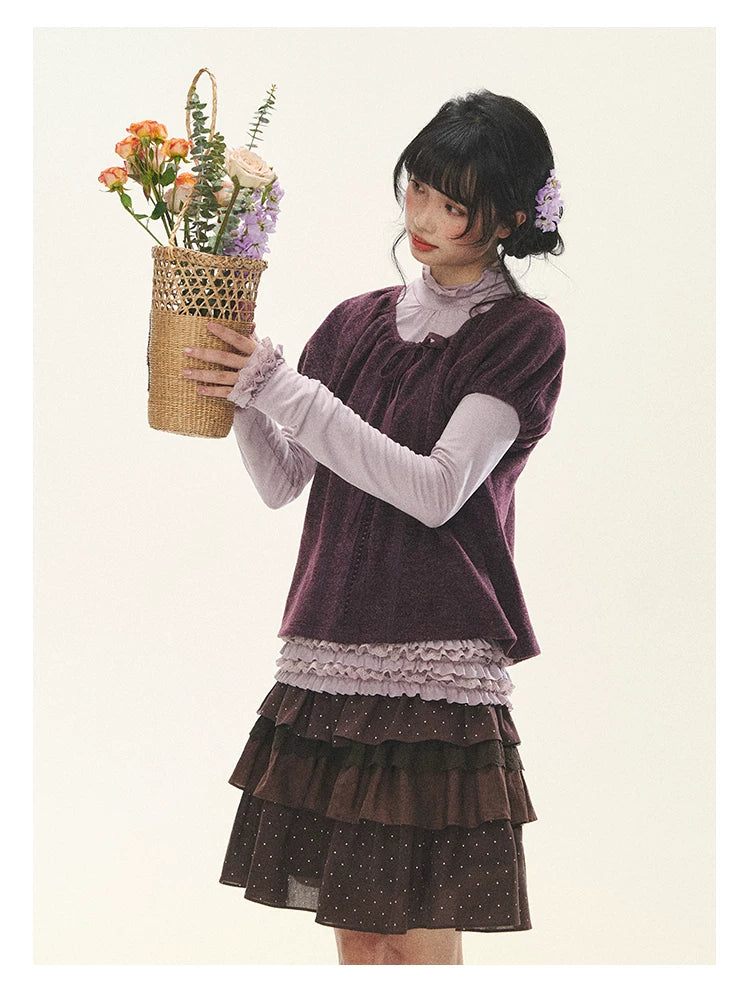 "Violet Journal" Grape Purple Bow Lace Short Sleeve Knit Top