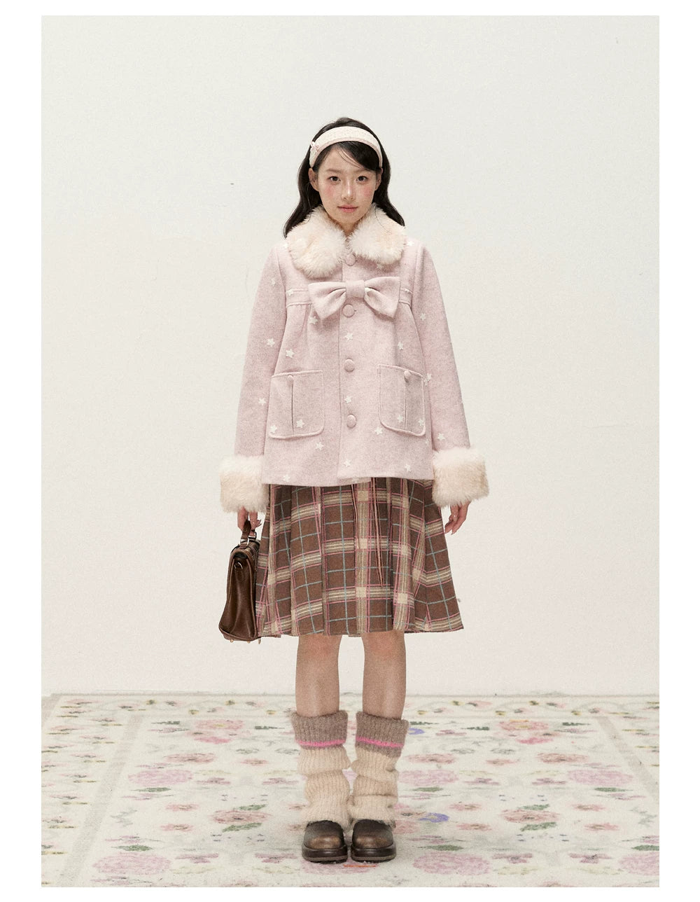 RF - Peach Pink Ombre Faux Fur Collar Wool-Look Jacket with Star Embroidery