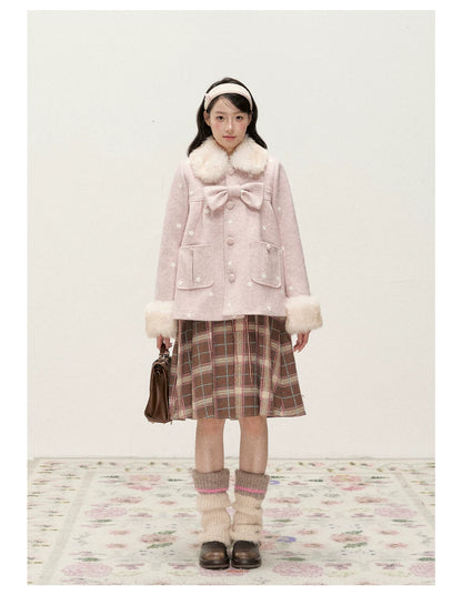RF - Peach Pink Ombre Faux Fur Collar Wool-Look Jacket with Star Embroidery