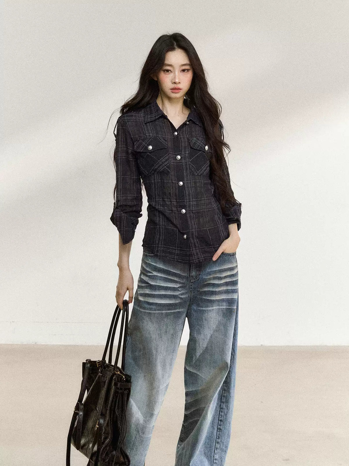 JN's DESIGN - Plaid Adjustable-Waist Long-Sleeve Shirt