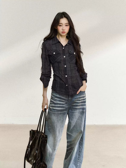 JN's DESIGN - Plaid Adjustable-Waist Long-Sleeve Shirt