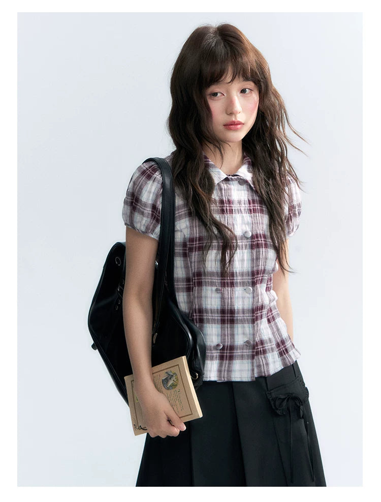 "Violet Mist Bow" Purple Brown Plaid Blouse
