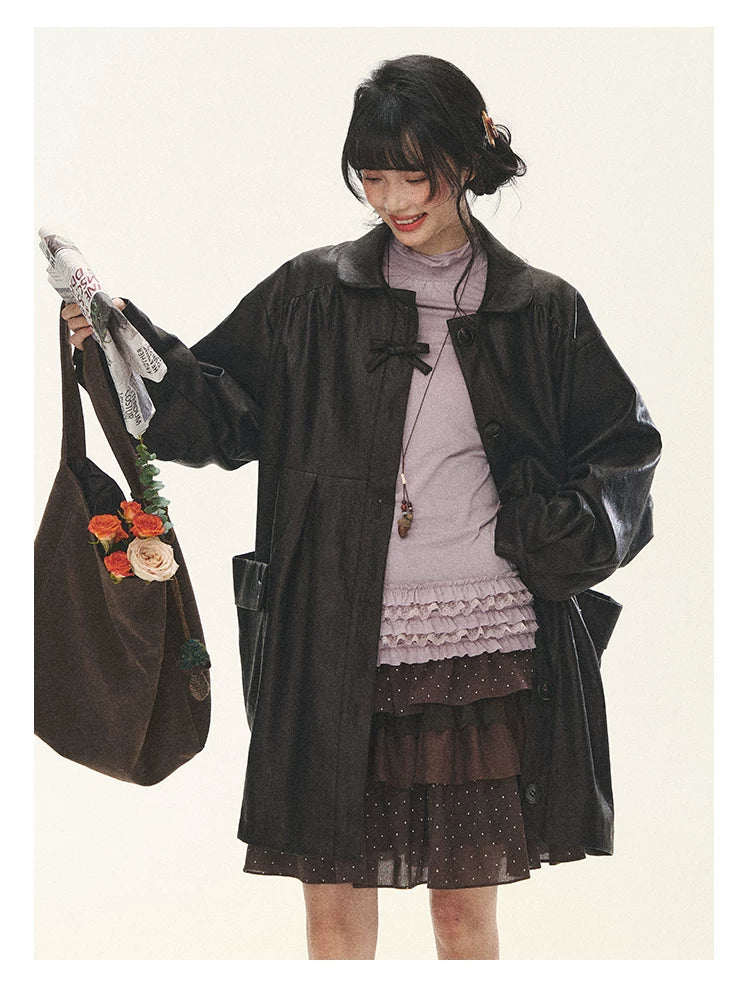"Caramel Lace Notes" Brown Polka Dot Tiered Lace Midi Skirt