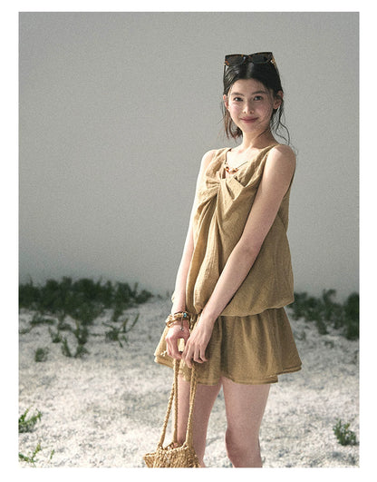 “Whispering Grass” Milk Tea Twist Mini Dress