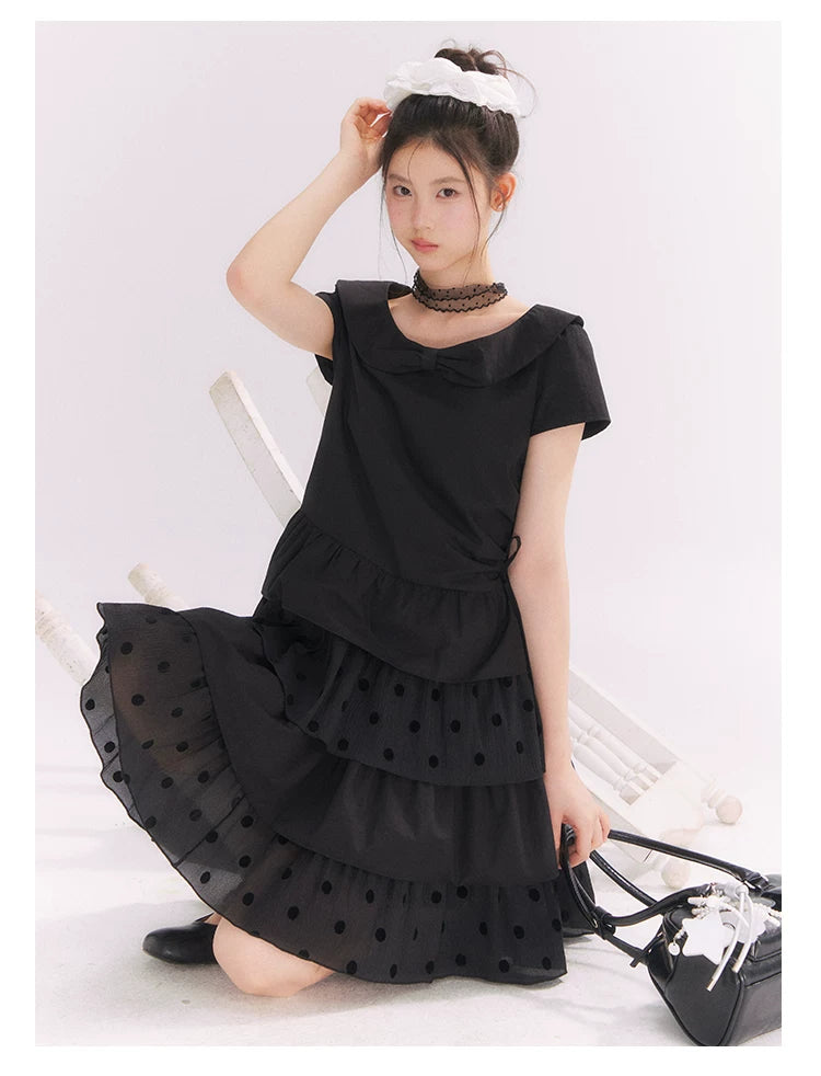 “Midnight Sweetheart” Black Korean-Style Bow Polka Dot Tiered Dress