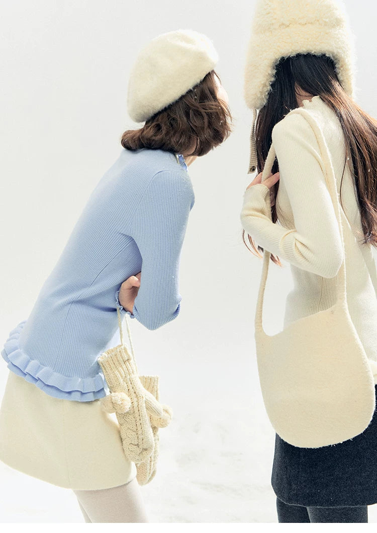 "Soft Whisper" Ruffle Mock Neck Ribbed Knit Top (Ivory/ Smoky Gray)
