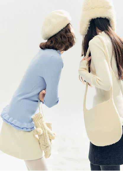 "Soft Whisper" Ruffle Mock Neck Ribbed Knit Top (Ivory/ Smoky Gray)