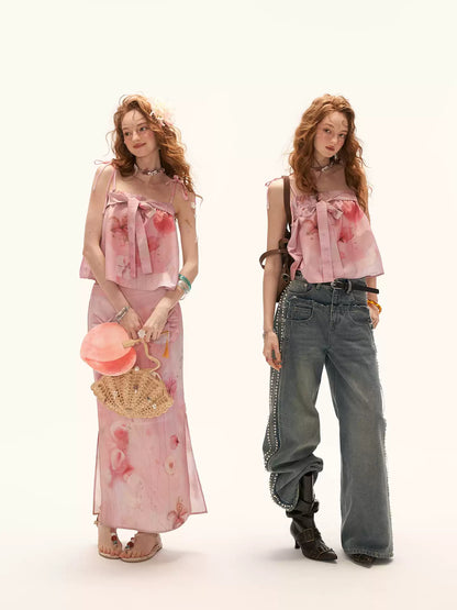 "Peach Bloom Mood" Bow Cami & Midi Skirt Set WE906