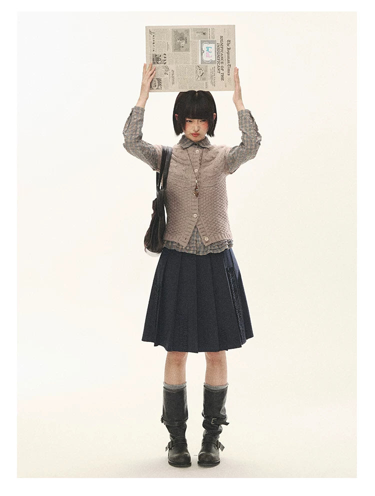 "Rice Knit" Wool-Blend Short Sleeve Knit Cardigan (Moss Coffee Green/ Dusk Dusty Pink)