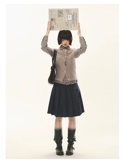 "Rice Knit" Wool-Blend Short Sleeve Knit Cardigan (Moss Coffee Green/ Dusk Dusty Pink)