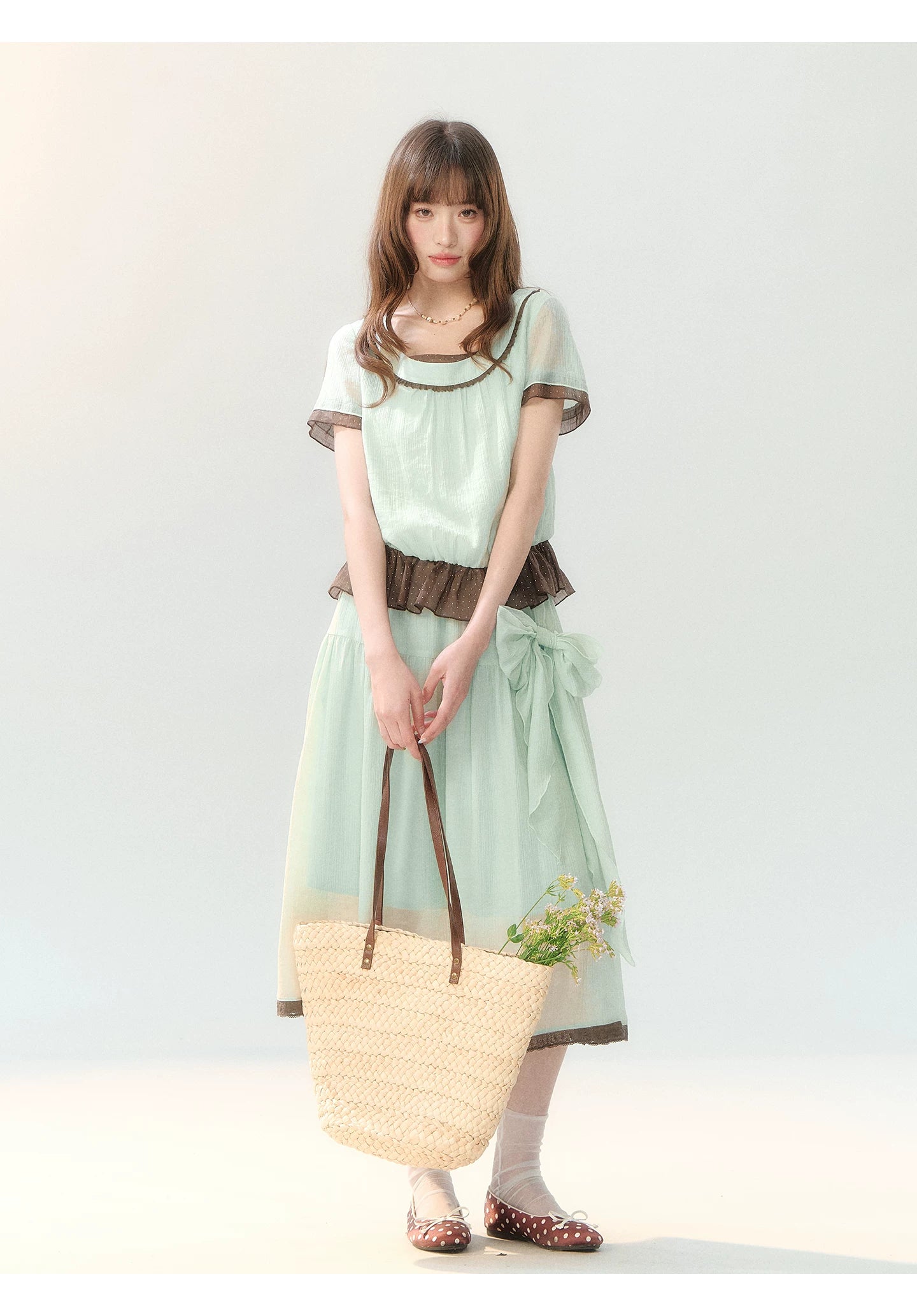 "Mint Sugar Whimsy" Mint Green Polka Dot Two-Piece Skirt Set LL2026194