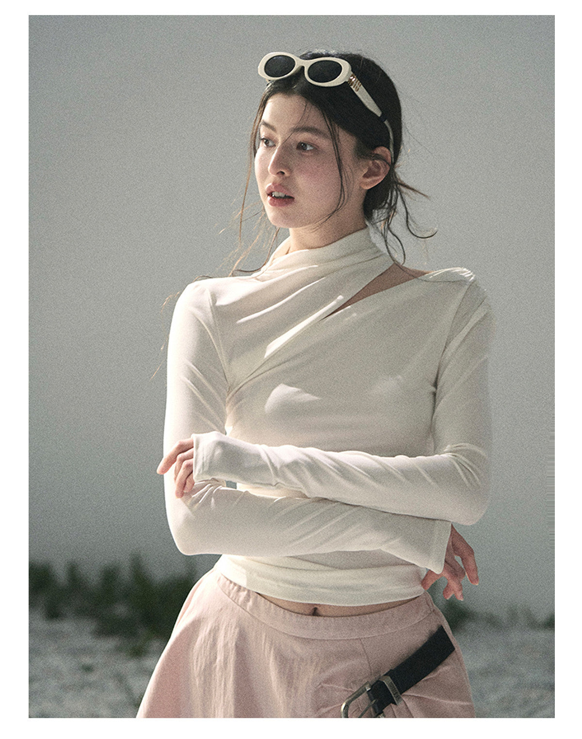 “Tidal Breath” Pearl White Draped Cutout Top