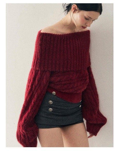 少也眼 "Crimson Glow on the Shoulders" Off-Shoulder Cable Knit Cropped Sweater
