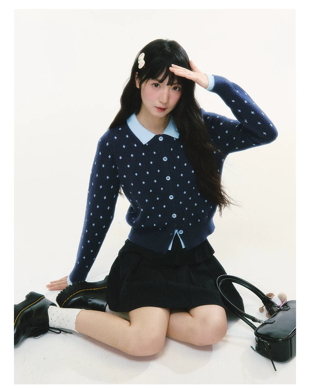 CREAMO2 - Polka Dot Knit Cardigan with Contrast Collar (Purple / Navy)
