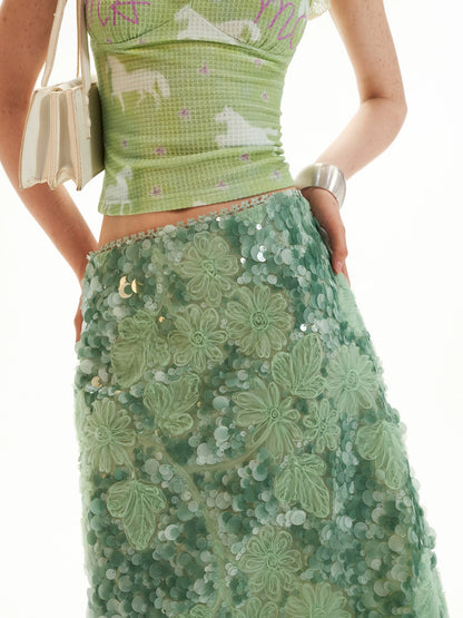 Mint Sequin Embroidered Midi Skirt