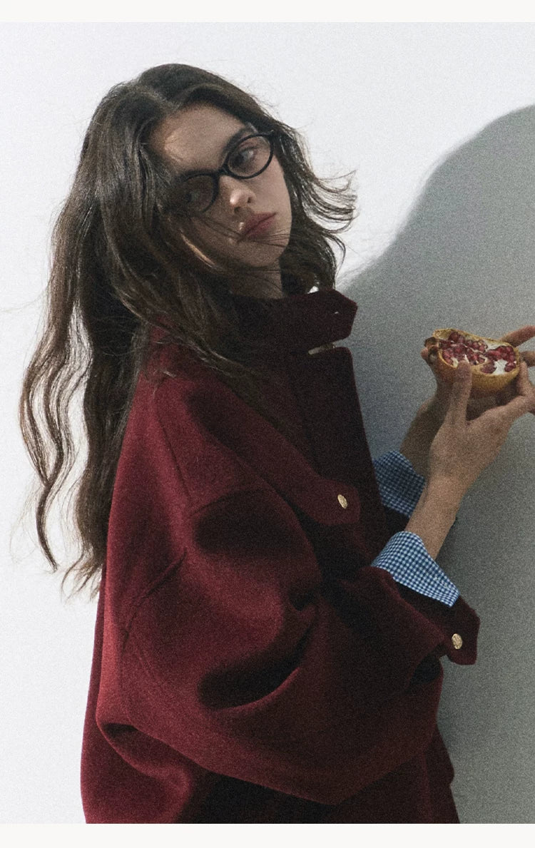 OAKMOO/ "Plum Blossom Mood" Angora Red Wool-Blend Harrington Jacket