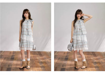 “Berry Fairytale Sonata” Misty Blue Ribbon Neck Lace Dress