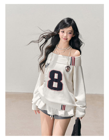 少也眼 “Frost-White Wallcorners” Off-Shoulder Knit Sweater
