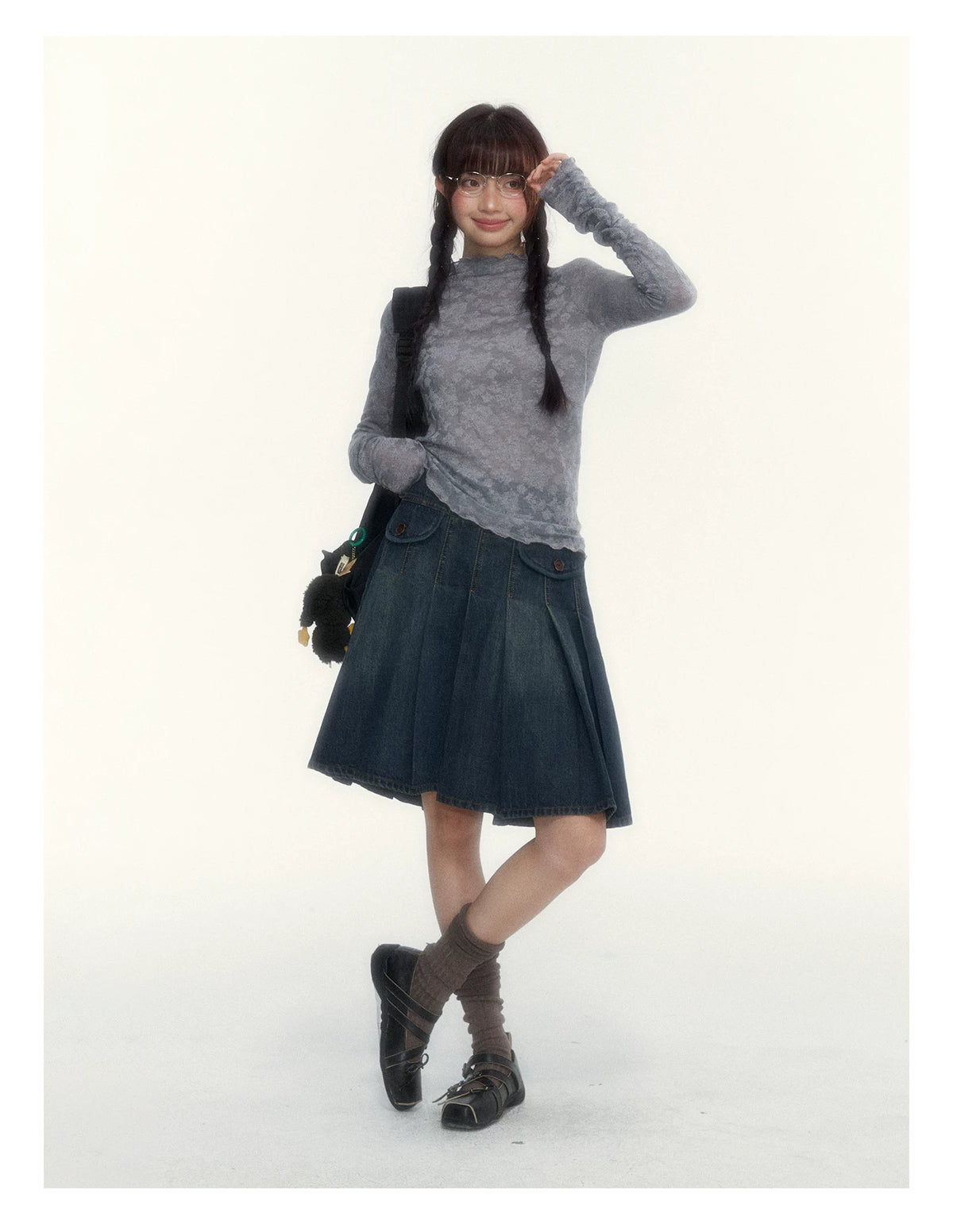 “Everyday Mist” Jacquard Lace Layering Top ( Ivory / Fog Gray )