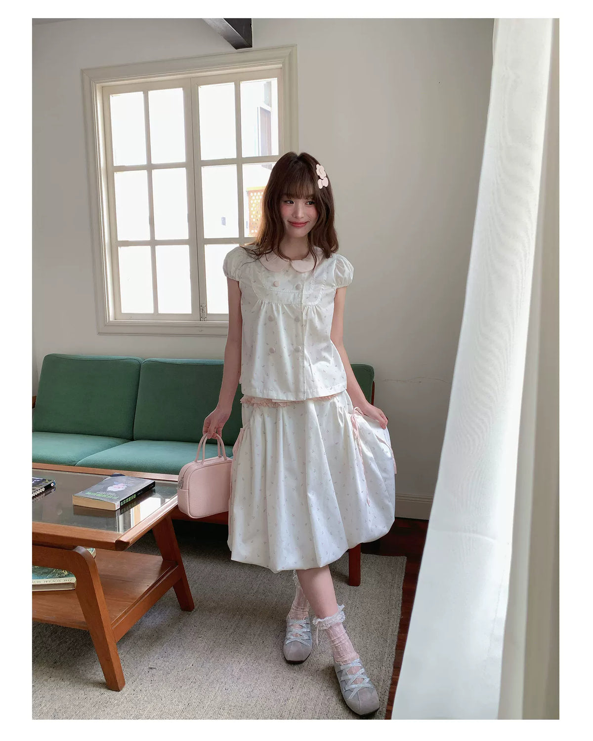 [RF] “White Peach Milk Foam” Pink & White Floral Polka Dot Two-Piece Set