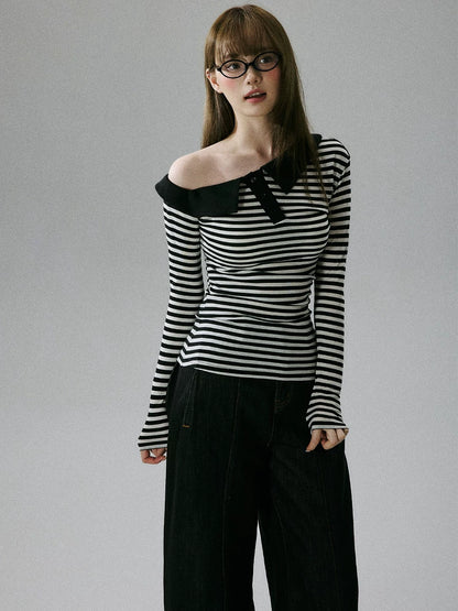 LOST FOREST - Striped Asymmetrical Lyocell-Wool Layering Top