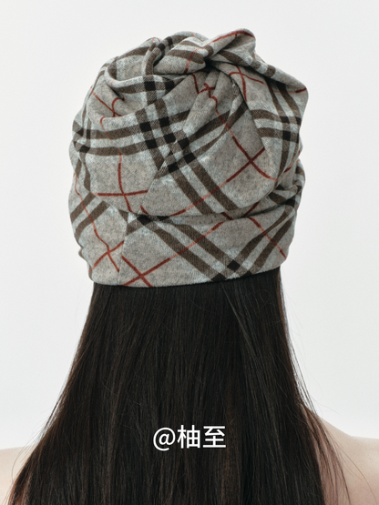 Vintage Plaid Hooded Scarf Hat – 2-in-1 Slouchy Ear-Warmer Cap