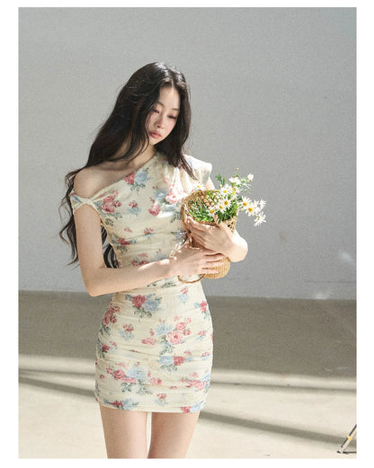 "Flowers & Sunlight" Dutch Cream Off-Shoulder Mesh Bodycon Mini Dress