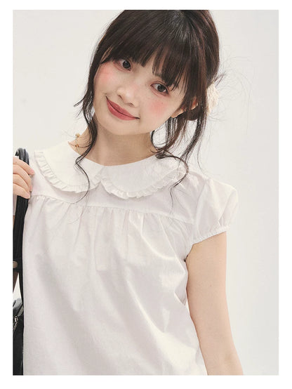 "Cotton Cloud" White Ruffle Collar Puff Sleeve Babydoll Top