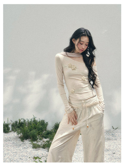 少也眼 “Rose Whisper” Asymmetrical Floral Lace Knit Top 45368753