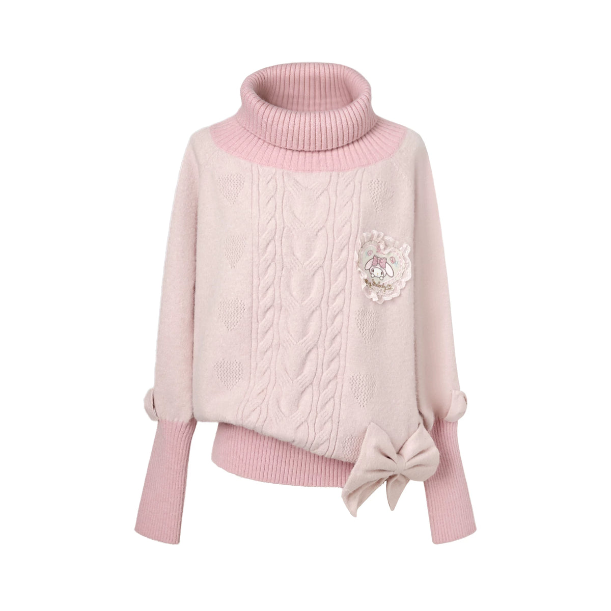 KYOUKO - My Melody Pink High-Neck Cable-Knit Sweater and Lace Tiered Skirt Set