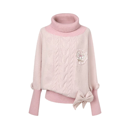 KYOUKO - My Melody Pink High-Neck Cable-Knit Sweater and Lace Tiered Skirt Set