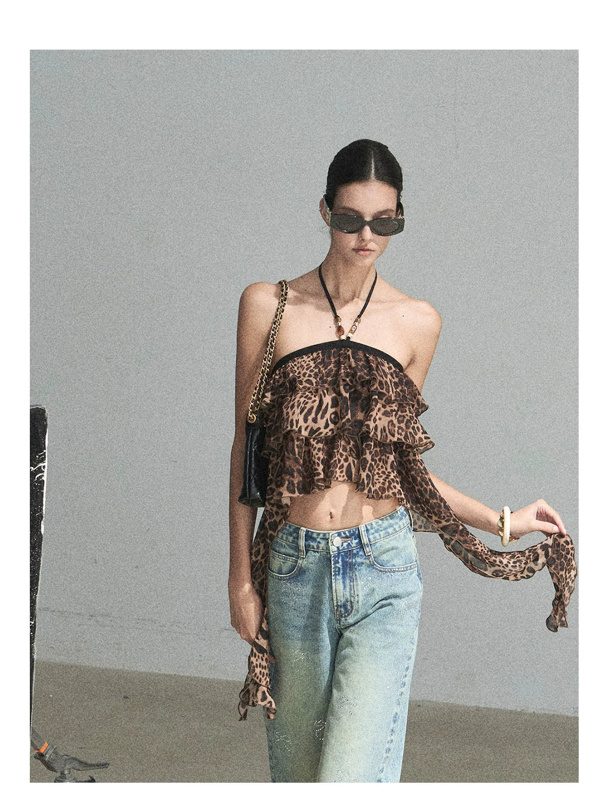 "Chasing the Sunset" Chestnut Brown Leopard Halter Ruffle Crop Top