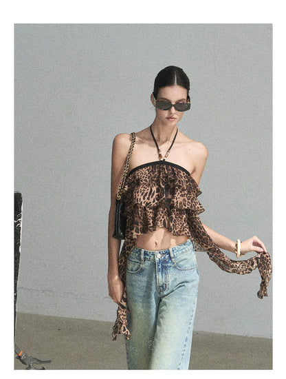 "Chasing the Sunset" Chestnut Brown Leopard Halter Ruffle Crop Top