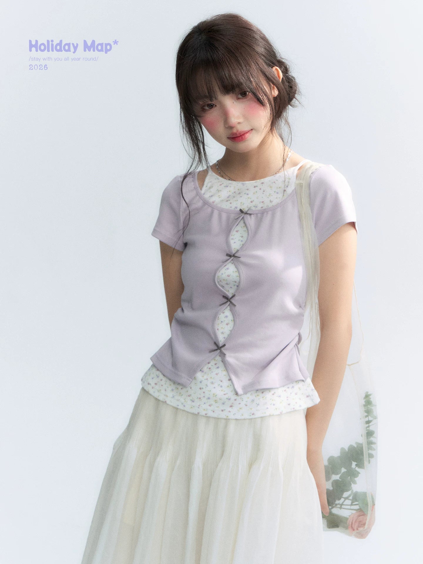Korean Layered Bow Knit Short Sleeve T-Shirt in Violet