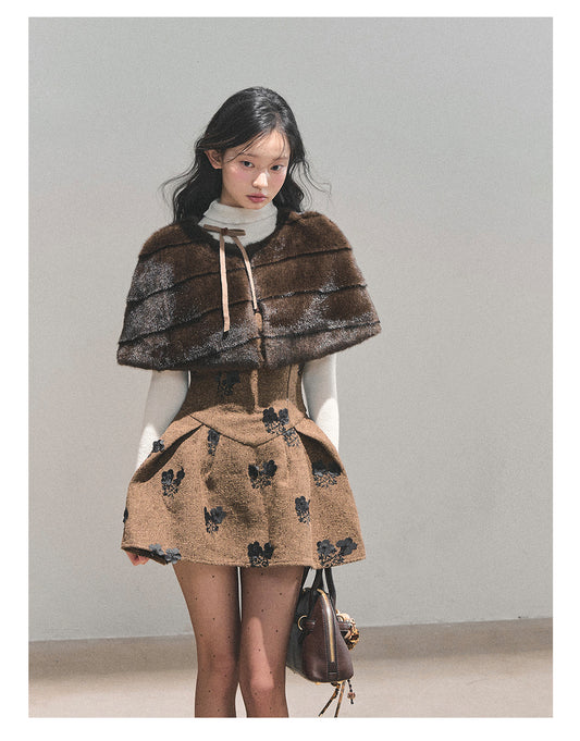 少也眼 “Whispers of Moss” Sparkle-Lined Gown with Faux-Fur Cape - Coffee/Deep Cocoa 6412124145