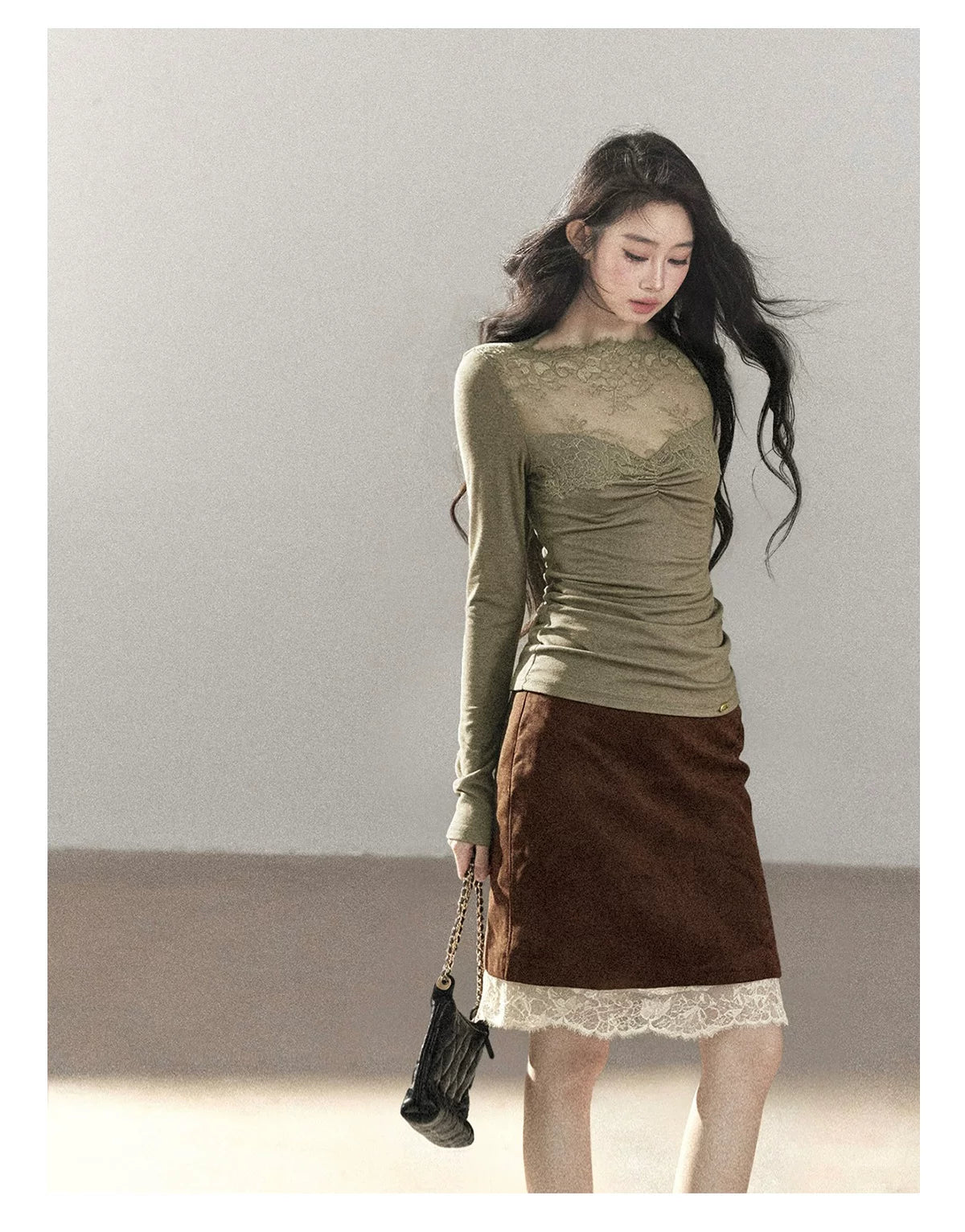AOMALM - Milk Tea Lace-Panel Fitted Knit Long Sleeve Top