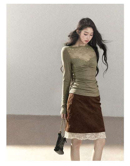 AOMALM - Milk Tea Lace-Panel Fitted Knit Long Sleeve Top