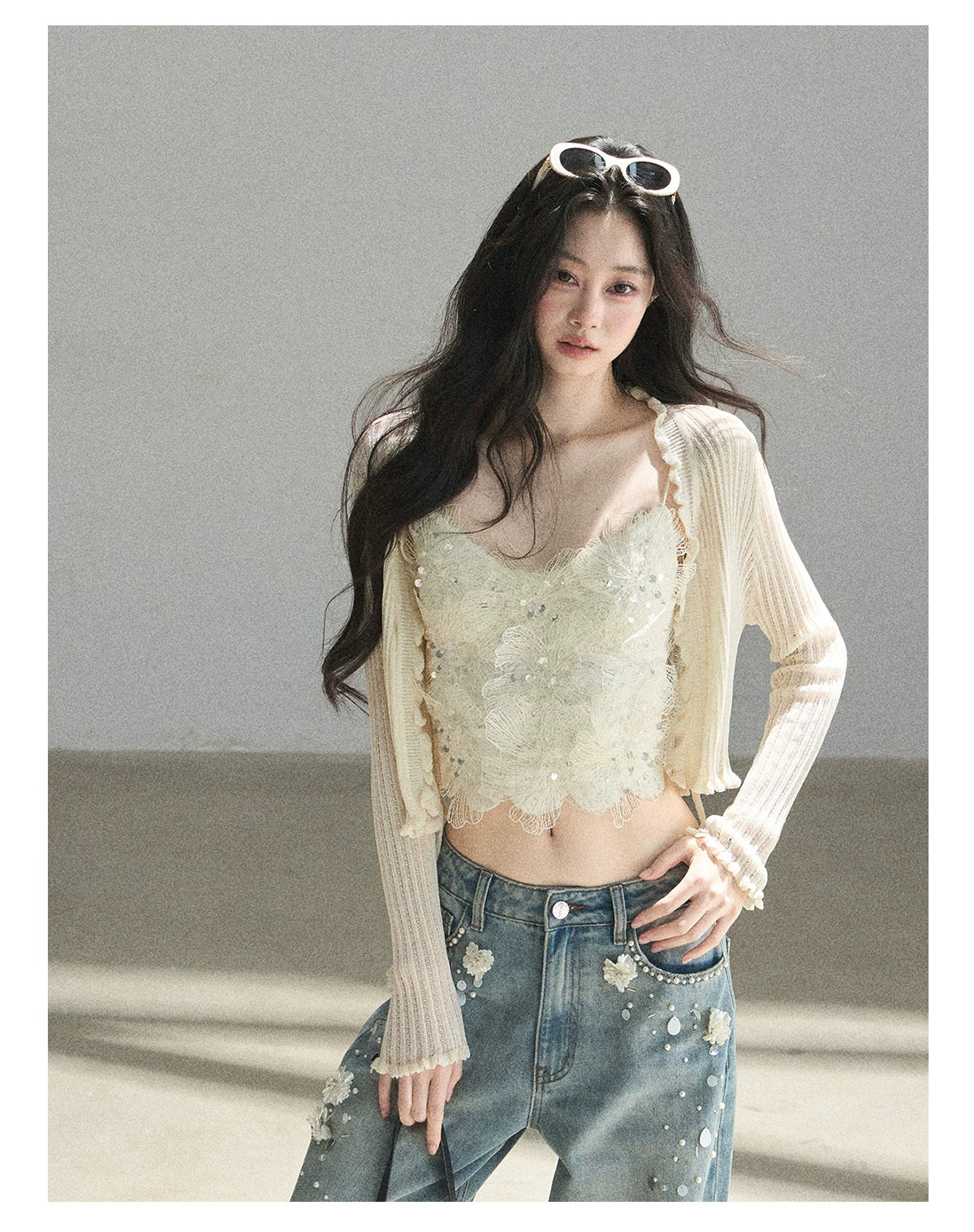 "Waiting for the Breeze" Apricot Lace Knit Cardigan & Cami Set