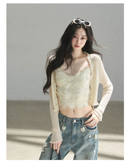 "Waiting for the Breeze" Apricot Lace Knit Cardigan & Cami Set