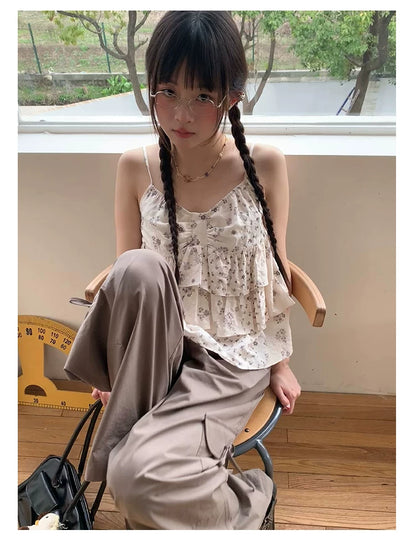 "Among the Blossoms" Soft Gray Floral Cotton Ruffle Cami Top