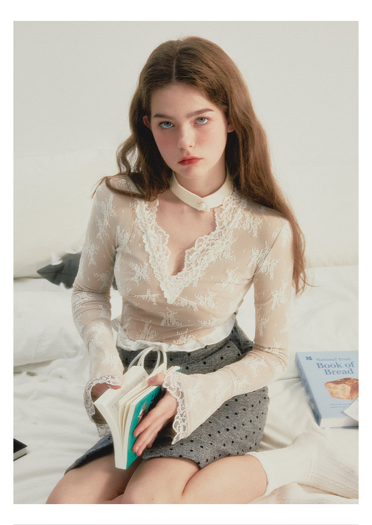 French Lace V-neck Knitted Top
