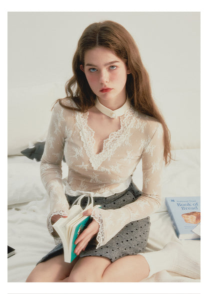 French Lace V-neck Knitted Top