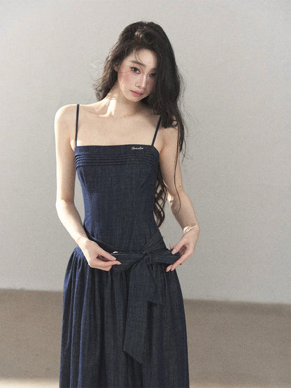 AOMALM - Navy Denim Long Dress with Matching Cardigan & Side Slit
